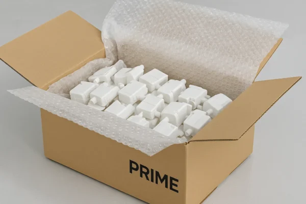 Plastic parts protected in bubble wrap and packed into custom-sized cartons for international shipping.