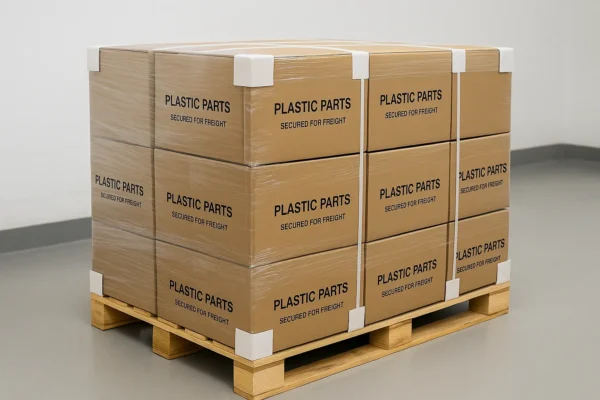 Shrink-wrapped plastic part cartons secured on a wooden pallet for freight shipment with corner protectors.