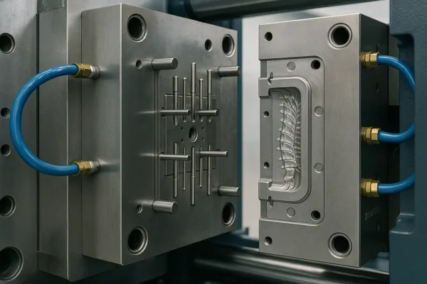 Close-up of an opened plastic injection mold showing ejector pins and cooling channels during tool change.