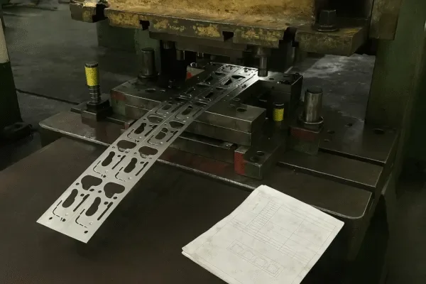 Progressive die stamping strip running through a stamping press with tooling and engineering drawing on the table