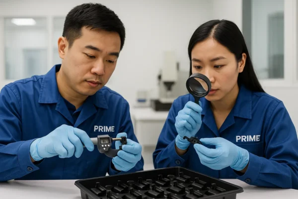 Quality assurance team using micrometers and visual gauges to inspect batches of plastic components.