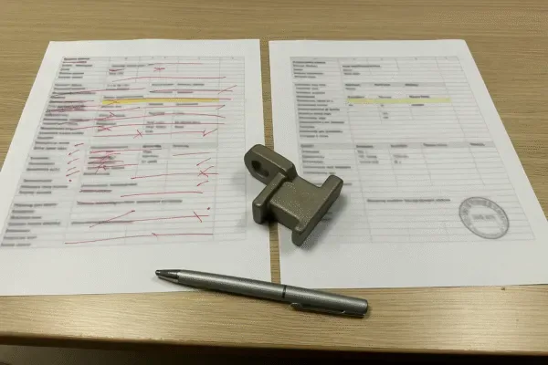 Quality inspection checklist documents with marked notes, metal part sample, and pen on a work desk