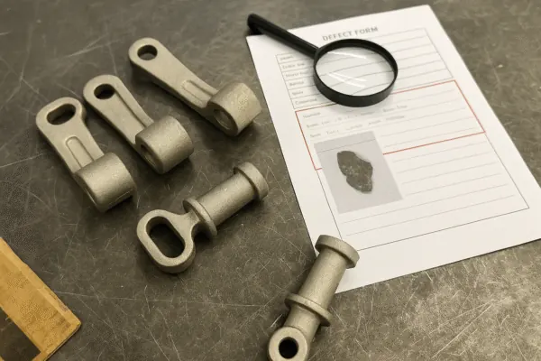 Quality inspection of cast metal parts with a defect report form and magnifying glass on a workbench for OEM component QC.