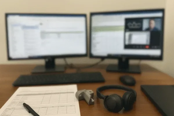Dual-monitor workstation with inspection spreadsheet, sample metal part, and headset for remote quality review