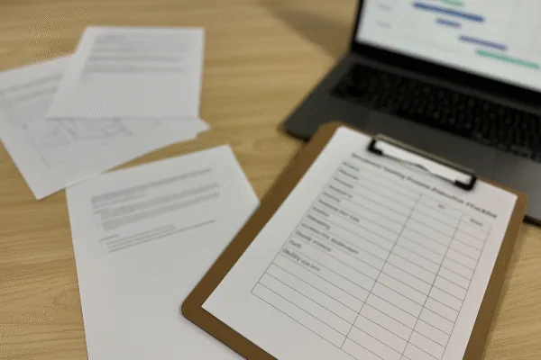 RFQ quote review checklist on a clipboard beside a laptop and documents, showing OEM sourcing and manufacturing project evaluation.