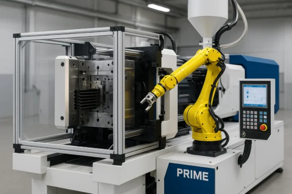 Advanced injection molding machine with a transparent safety shield and robotic arm setup, used for producing precision plastic components at PRIME.