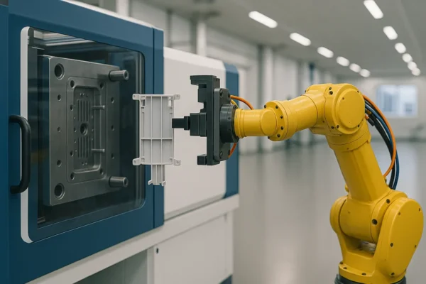 Robotic arm automatically removing freshly molded plastic parts from an injection press in a clean production environment.
