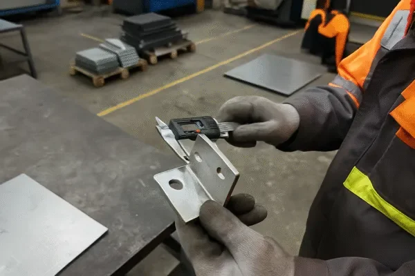 Digital caliper measuring a precision sheet metal bracket during in-process quality inspection