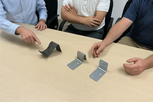 Team reviewing sheet metal bracket samples on a conference table during OEM design and fitment discussion