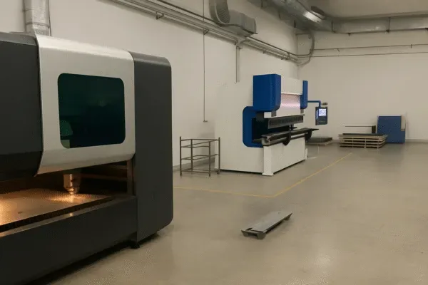 Sheet metal fabrication workshop with laser cutting machine and press brake for OEM metal parts production