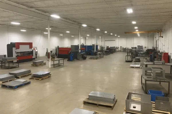 Wide view of a sheet metal fabrication workshop with laser cutting and bending stations, pallets of sheet stock, and organized work areas