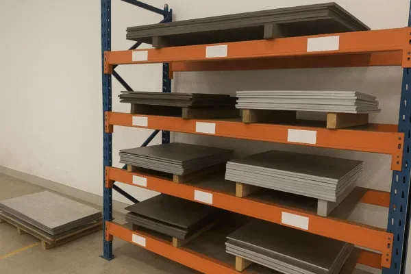 Sheet metal plate stock stored on industrial rack shelves for laser cutting and fabrication