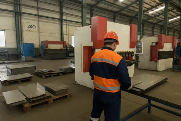 Sheet metal fabrication workshop with press brake and operator inspecting metal sheets near the bending machine