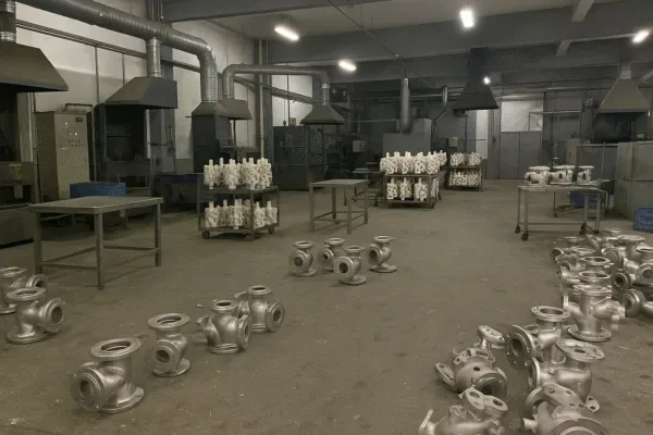 Industrial workshop with stainless steel casting valve bodies and flanged fittings staged on the floor and racks for finishing and inspection.