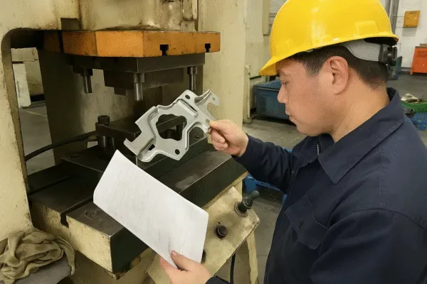 Operator inspecting a stamped metal part at a stamping press using an inspection sheet in the workshop