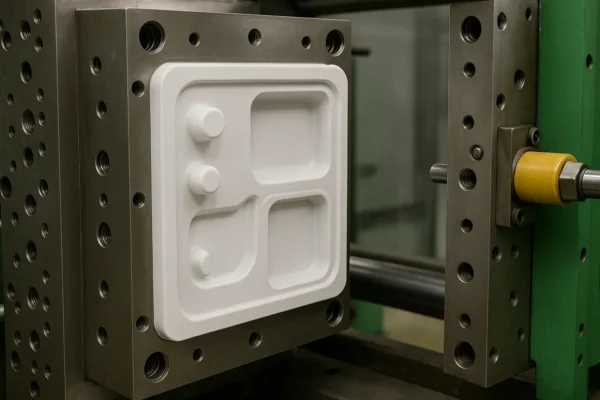 Injection molding tooling close-up showing a formed plastic component in a steel mold.