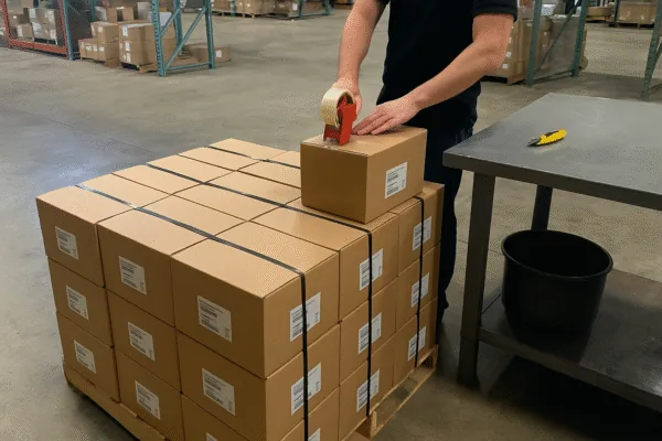 Worker taping and securing cartons on a strapped pallet for export packaging in a warehouse