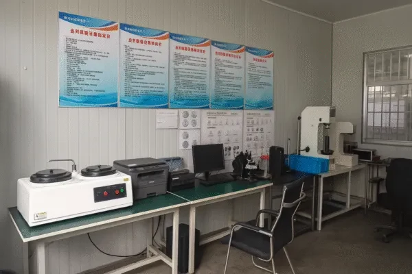 High-resolution image of a quality control laboratory for custom metal parts, featuring metallographic equipment, a hardness tester, a microscope, and precision instruments arranged on workbenches.