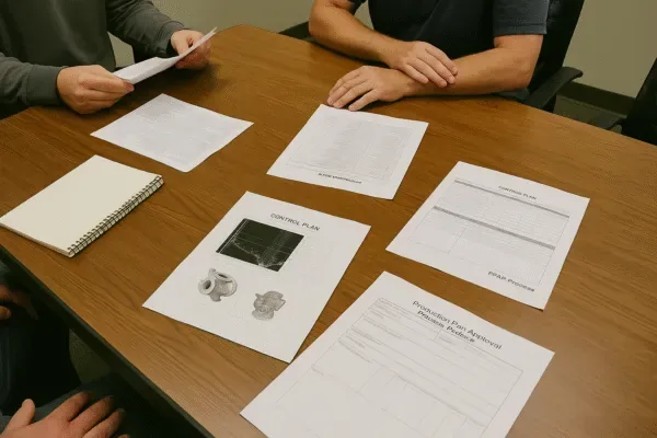 Team reviewing quality control plan and inspection documents during a manufacturing approval meeting for cast components.