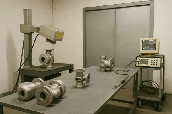 Quality inspection station with stainless steel valve body castings on a lab table, using measurement and ultrasonic testing equipment.