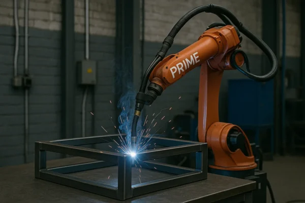PRIME robotic welding arm assembling a custom steel frame with sparks flying in a factory setting.
