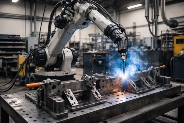 Industrial robotic arm performing automated welding on a metal component.