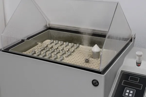 High-resolution image of a salt spray test chamber evaluating the corrosion resistance of custom metal fasteners under accelerated conditions.