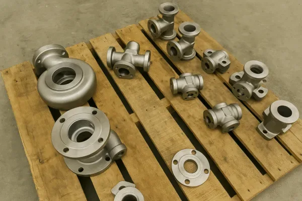 Stainless steel pump casing, valve body castings, and flanged fittings arranged on a wooden pallet after finishing.
