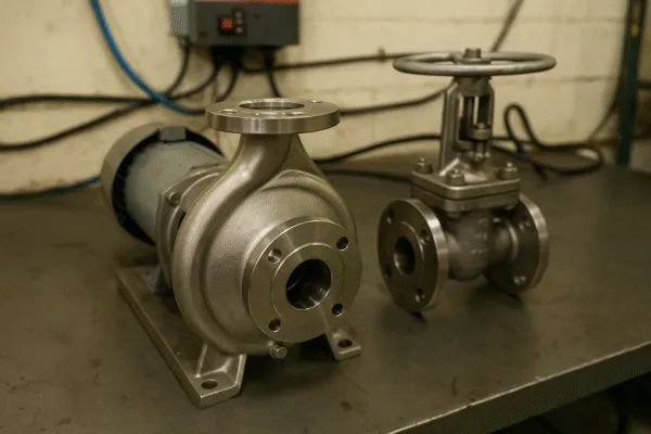Stainless steel pump casing and handwheel valve assembly on a workbench for industrial pump and valve applications.