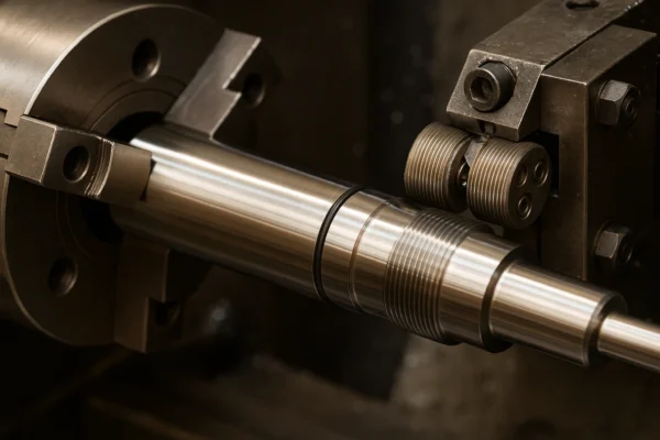 Close-up view of a metal cylinder undergoing thread rolling and O-ring groove cutting on a CNC lathe.