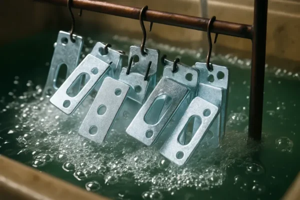 A close-up view of a metal part undergoing zinc electroplating, partially submerged in a turquoise electrolyte bath with visible bubbles and a shiny zinc-coated surface.