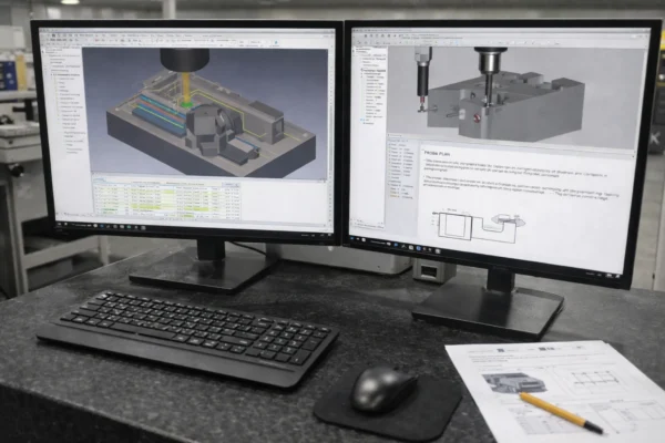 CAM programming workstation with dual monitors showing CNC toolpath simulation, operation sequence, and probing plan for repeatable precision machining.