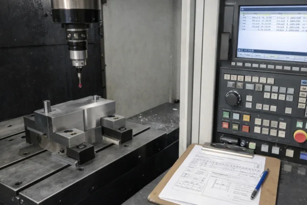 CNC machine first setup with touch probe on datum features, work offset verification on controller, setup sheet on clipboard.