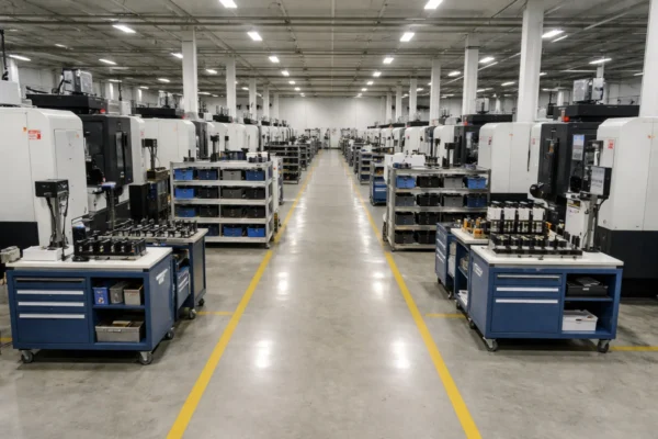 CNC machining shop overview: multiple production lines, tool preset bench, WIP racks for batch traceability, clear aisles.