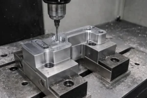 CNC milling operation machining a custom aluminum part, with coolant spray and visible chips during precision cutting.