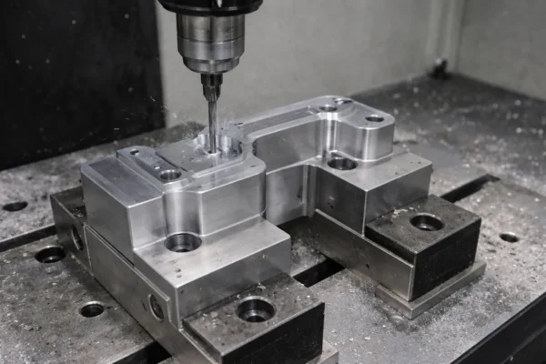 CNC milling operation machining a custom aluminum part, with coolant spray and visible chips during precision cutting.
