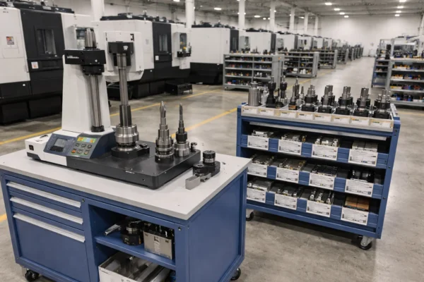 CNC tool presetting and measurement station with toolholders on a presetter, measured cutters ready on a labeled tool cart for multi-operation machining.