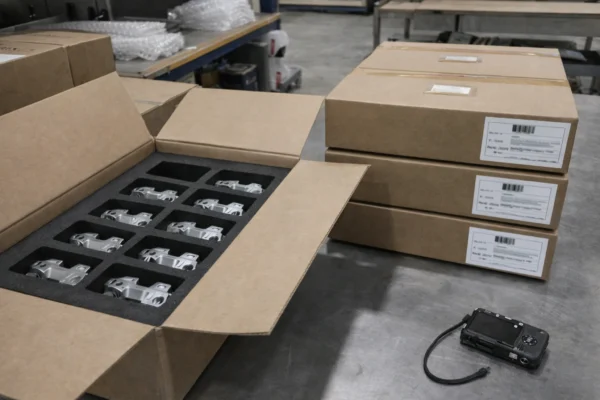 Export packaging station with custom foam trays and dividers, sealed cartons, batch traceability labels, and photo documentation before palletizing.