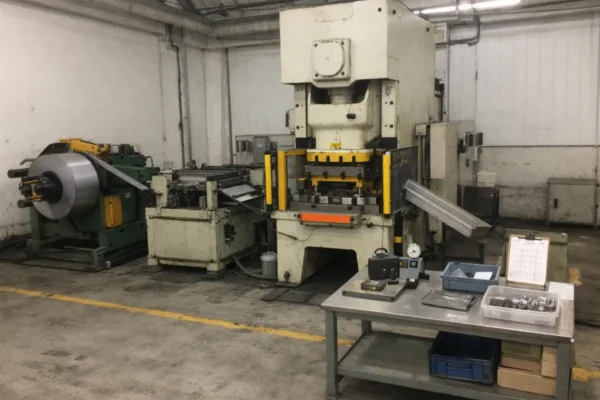 Coil-fed 80-ton stamping production line with uncoiler, straightener, servo feeder, guarded press, finished-part chute, and in-line quality inspection table.