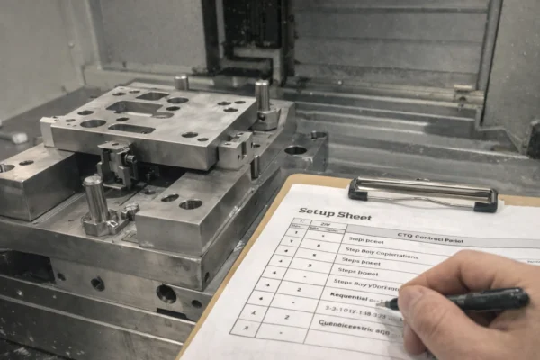 CNC fixture setup with a part clamped in soft jaws and 3-2-1 datum locating pins, alongside a setup sheet listing process steps and CTQ control points.
