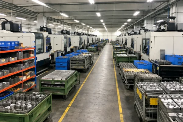 Wide view of a CNC machining workshop with parallel machining centers, material racks, and labeled work-in-process lanes for stable production.