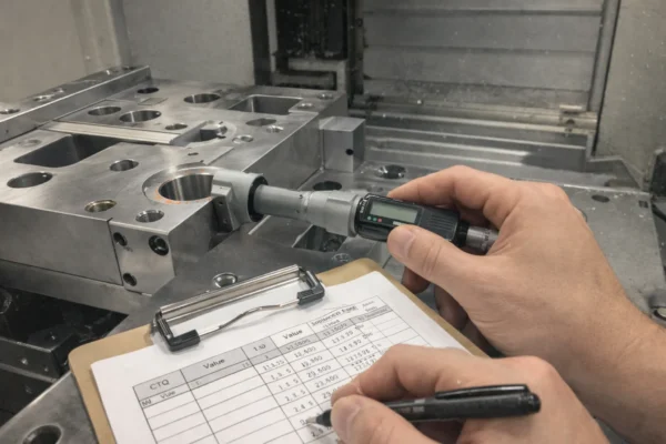 In-process CTQ measurement using a three-point bore micrometer on a CNC fixture, with results recorded on an inspection checklist beside the machine.