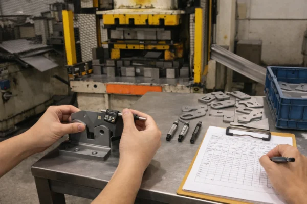 In-process CTQ inspection at a stamping press using go/no-go fixture and plug gauges to verify hole size and bend angle, with hourly sampling records for SPC.