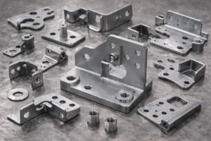 Custom metal stamping parts assortment including steel brackets, plates, and formed components with punched holes and bends on a workshop surface.