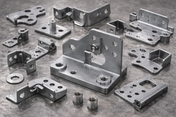 Custom metal stamping parts assortment including steel brackets, plates, and formed components with punched holes and bends on a workshop surface.
