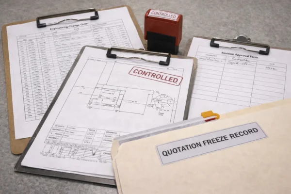Engineering change control documents with controlled drawing stamp, ECO checklist, revision sign-off sheet, and quotation freeze record to prevent using the wrong revision.