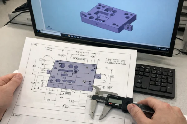 Engineer reviewing a printed CNC part drawing with GD&T and CTQ callouts while checking datum A-B-C against a 3D CAD model before quotation.
