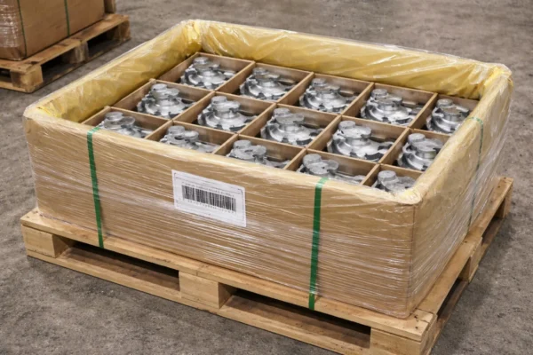 Export ocean-shipping packaging for stamped metal parts on a pallet, packed in partitioned trays with VCI rust-inhibitor liner and secured with stretch wrap for stable transport.