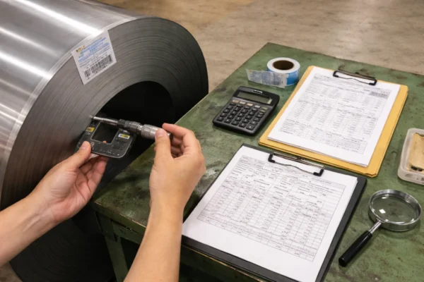 Incoming quality inspection (IQC) measuring metal coil thickness with a micrometer, with material certification paperwork and batch labeling tools on a workbench.