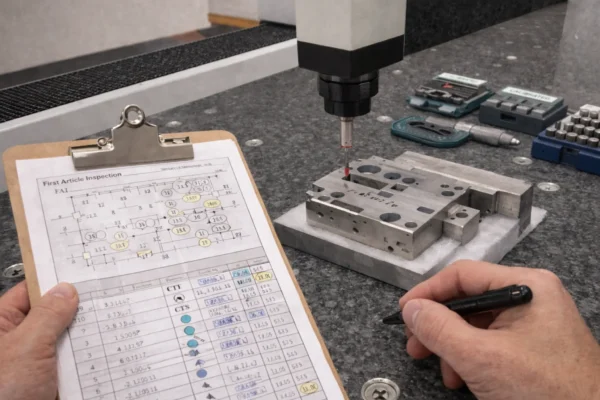ISO quality inspection with a CMM measuring a CNC machined part, while an inspector records CTQ results on a First Article Inspection (FAI) report next to calibrated gauges.